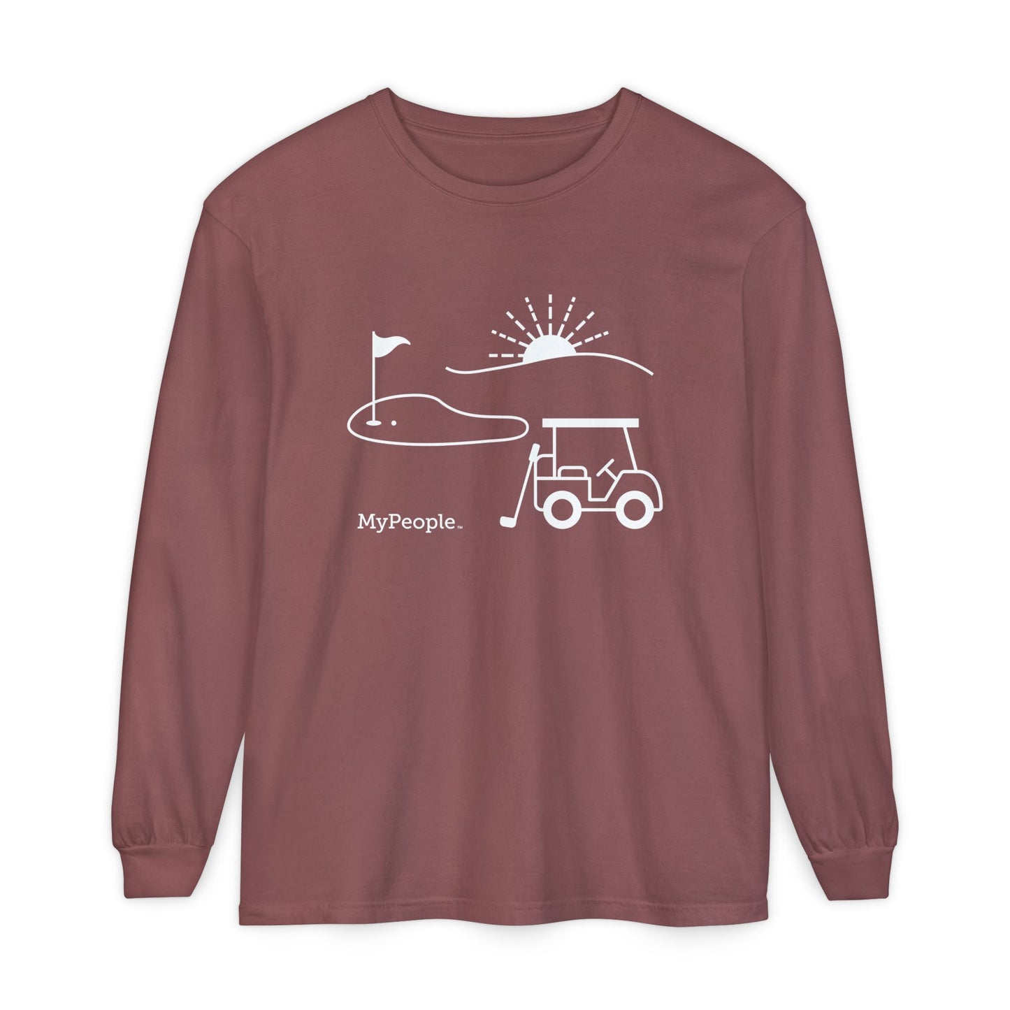 Line illustration of a golf cart, club, and green with a setting sun, with the word MyPeople underneath on a unisex garment.