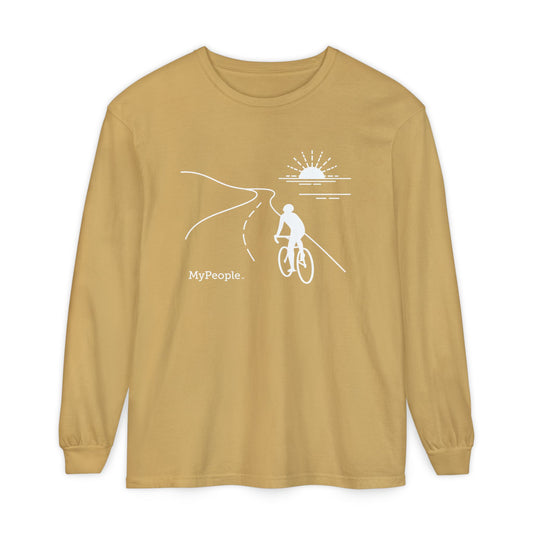 Line illustration of a road cyclist riding along a coastal highway at sunset, with the word MyPeople underneath on a unisex garment.
