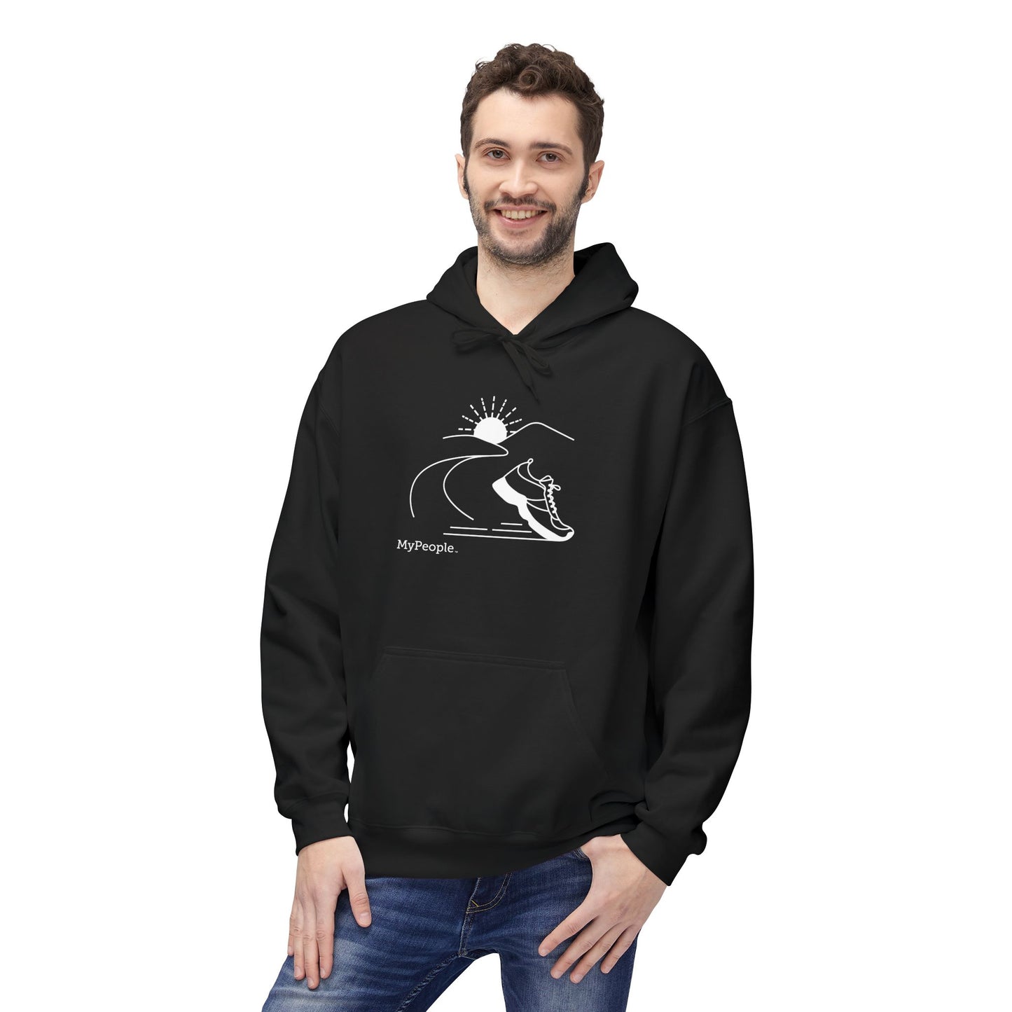 Person wearing a unisex hoodie showing the front view with the MyPeople Running line illustration.
