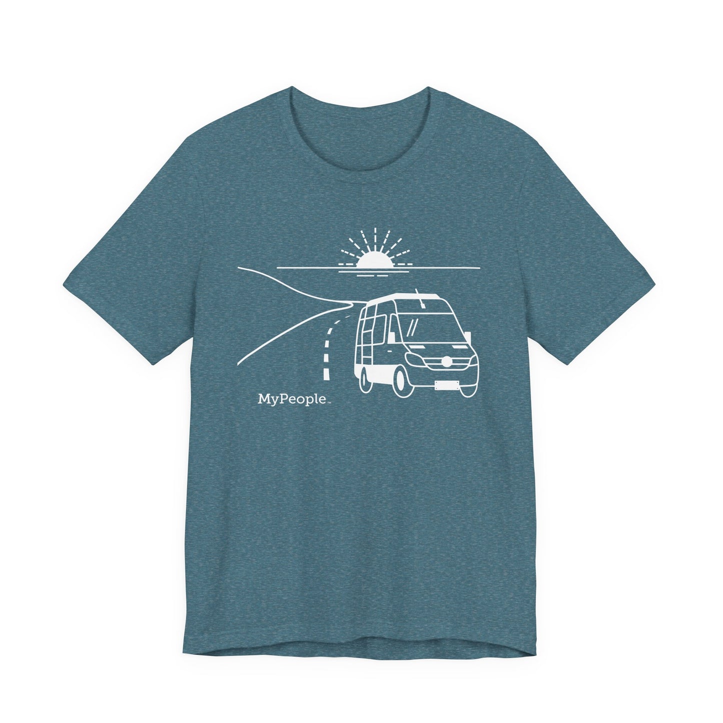 Line illustration of a camper van on a highway with a setting sun, with the word MyPeople underneath on a unisex garment.