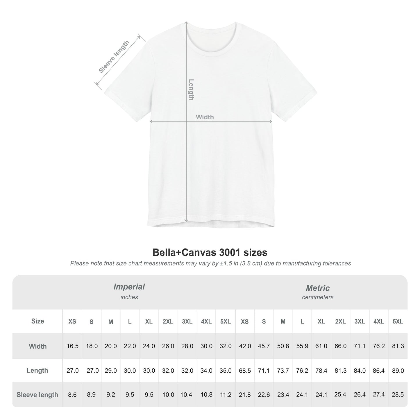 Unisex t-shirt size chart with measurements for all sizes.