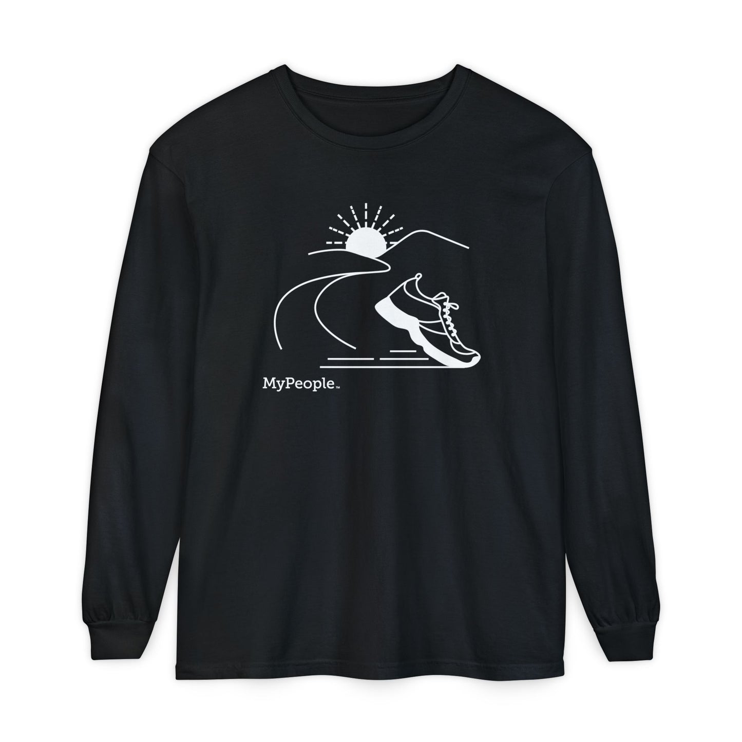 Line illustration of a running shoe with a road leading toward mountains and a setting sun, with the word MyPeople underneath on a unisex long-sleeve shirt.