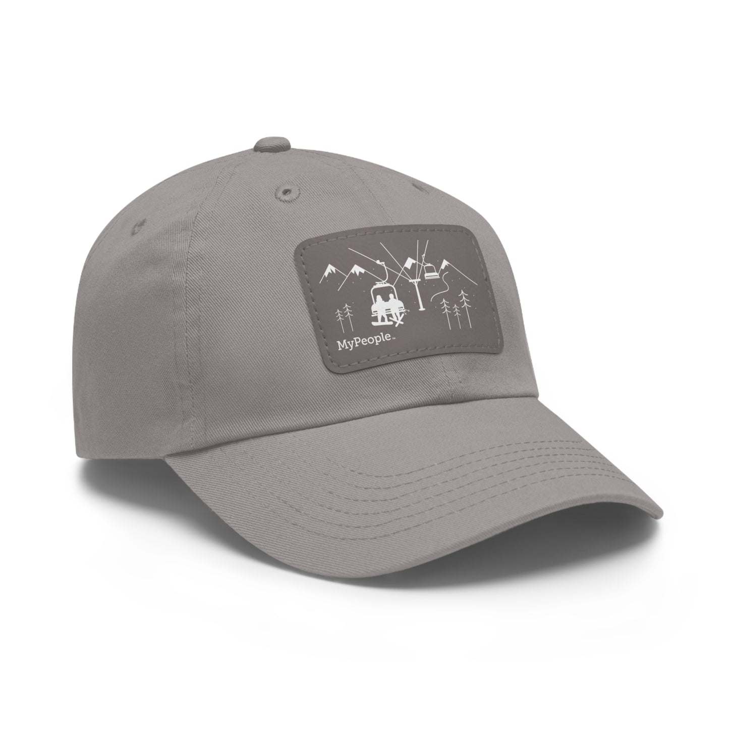 Angled view of a hat with a leather patch printed with the MyPeople Snowsports line illustration.
