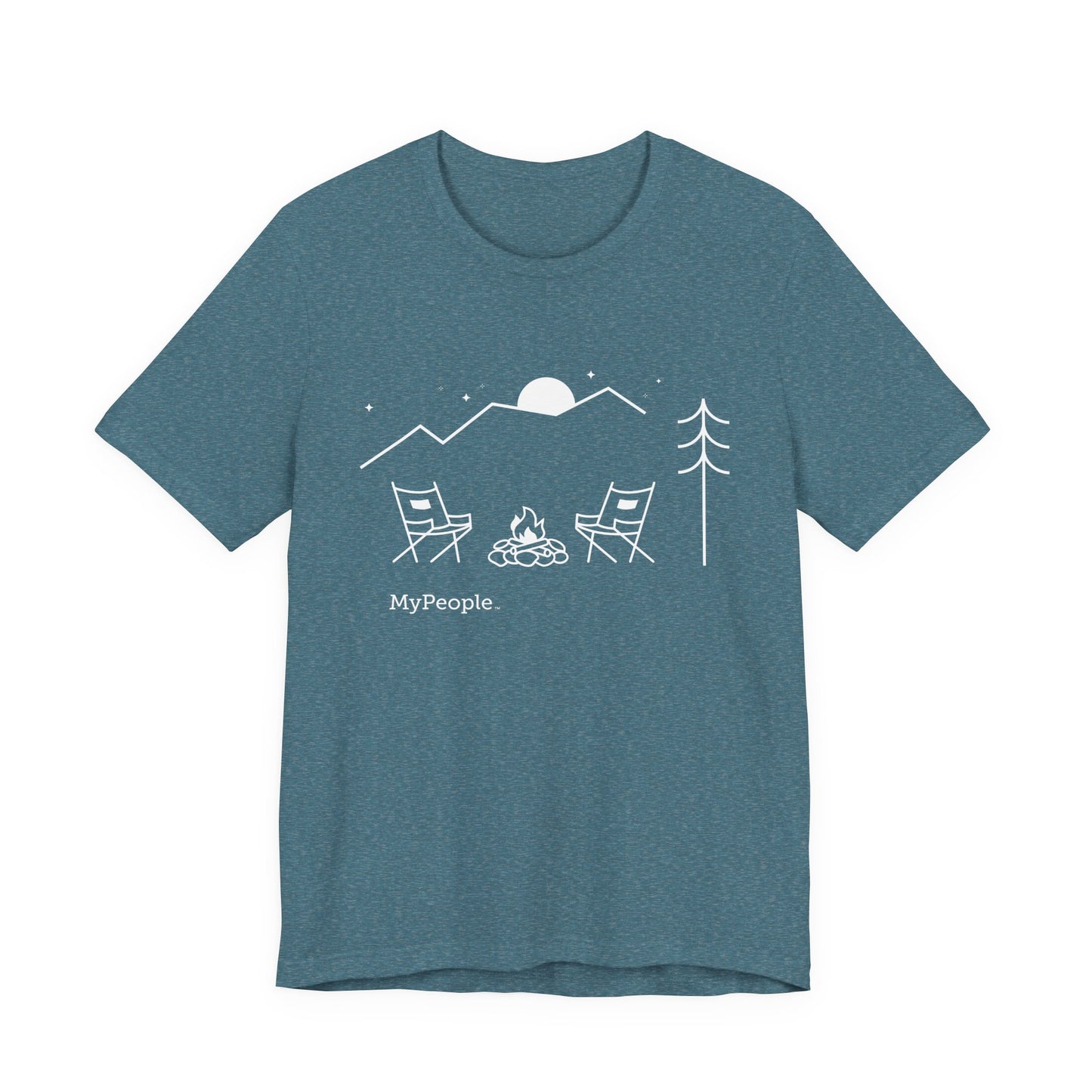 Line illustration of two chairs by a campfire under a tree with mountains and a night sky, with the word MyPeople underneath on a unisex garment.