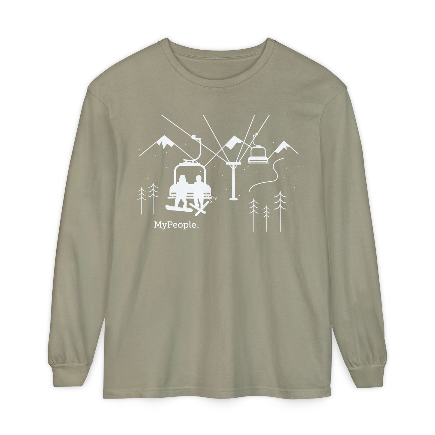 MyPeople Snowsports collection link featuring a line illustration of a snowboarder and skier on a chairlift with snowy peaks behind them.