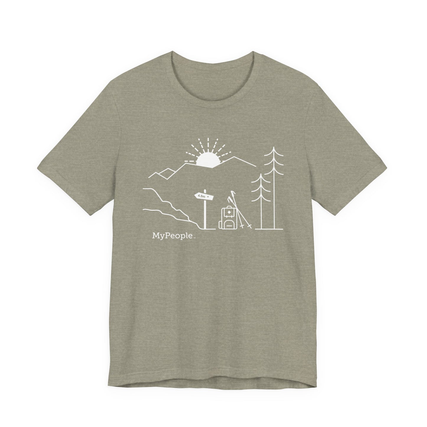 Line illustration of a backpack and hiking poles beside a trail sign with mountains and a setting sun, with the word MyPeople underneath on a unisex garment.