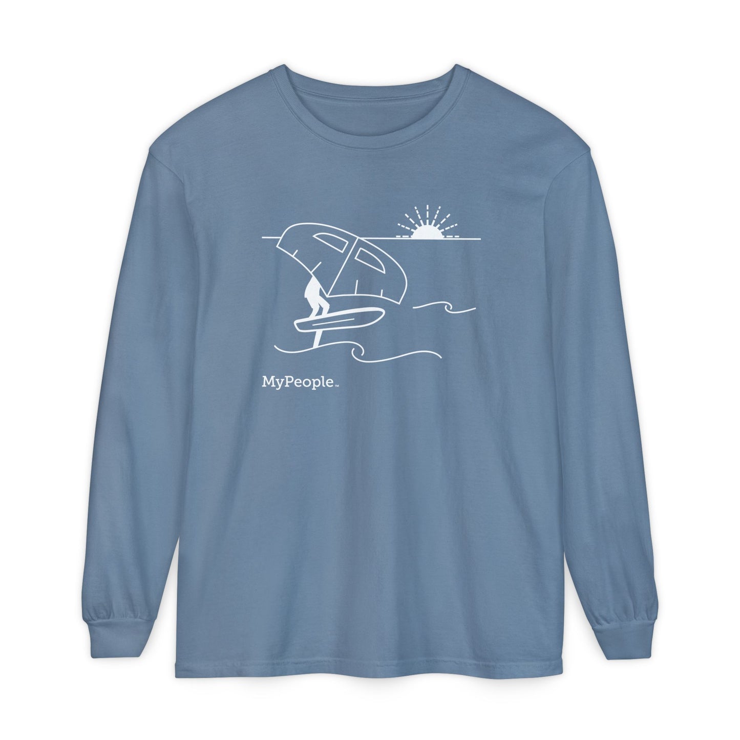 Line illustration of a person wing foiling on the water with a setting sun, with the word MyPeople underneath on a unisex garment.