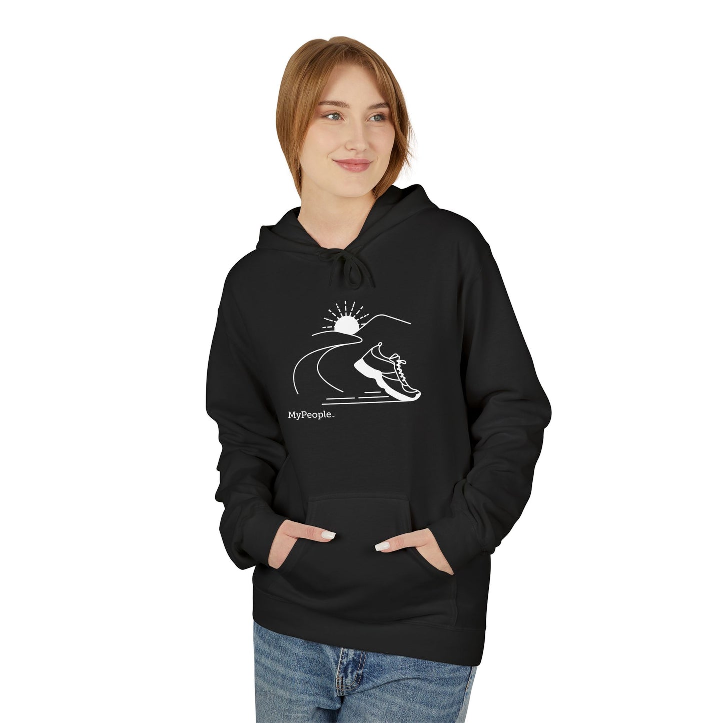 Person wearing a unisex hoodie showing the front view with the MyPeople Running line illustration.
