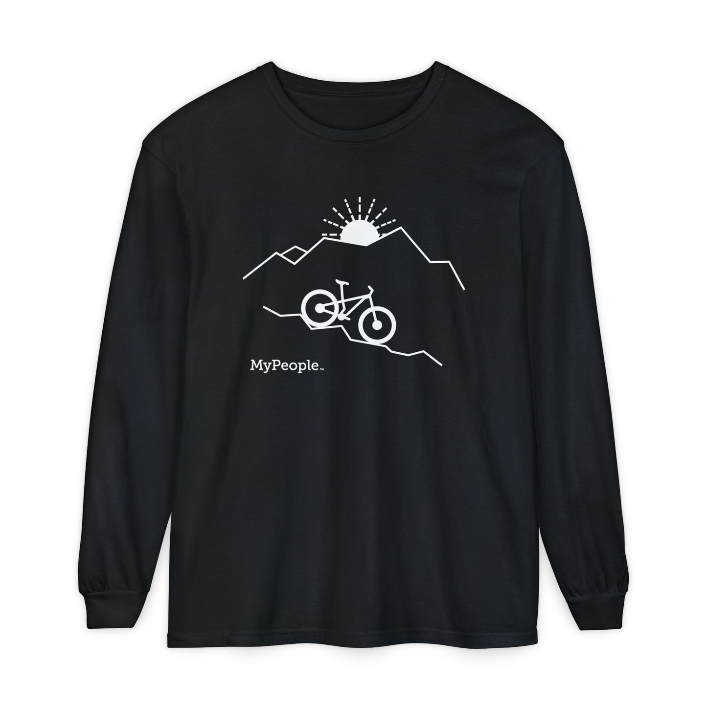Line illustration of a mountain bike on a downhill slope with mountains and a setting sun behind it, with the word MyPeople underneath on a unisex long-sleeve shirt.
