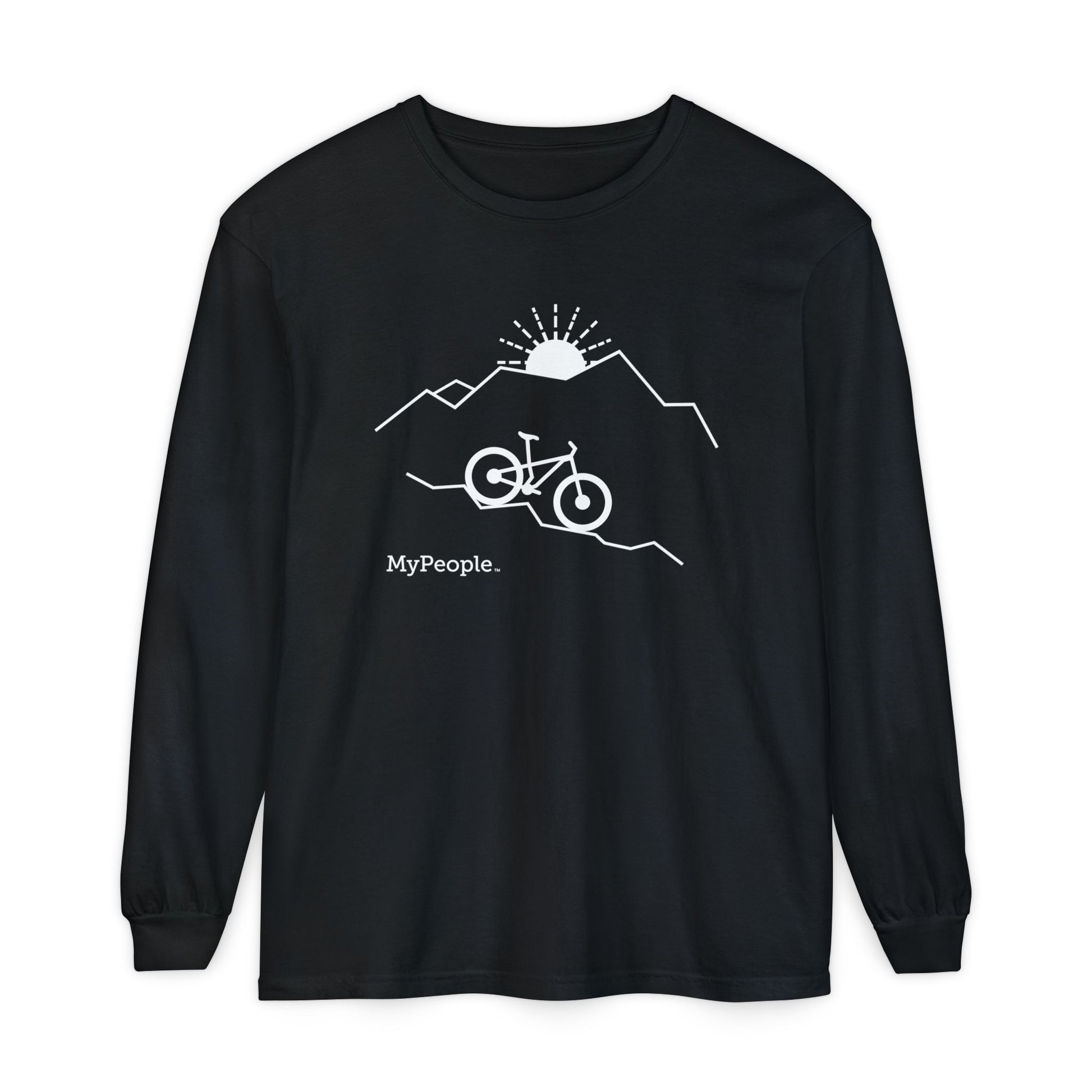 Line illustration of a mountain bike on a downhill slope with mountains and a setting sun behind it, with the word MyPeople underneath on a unisex long-sleeve shirt.