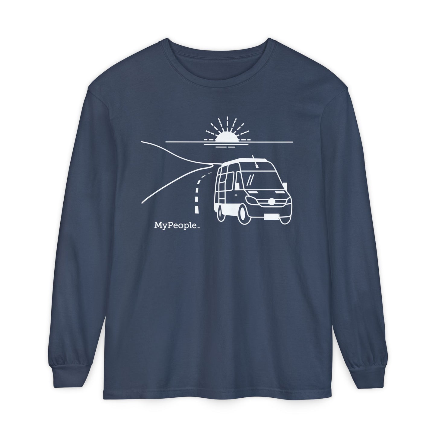 Line illustration of a camper van on a highway with a setting sun, with the word MyPeople underneath on a unisex garment.