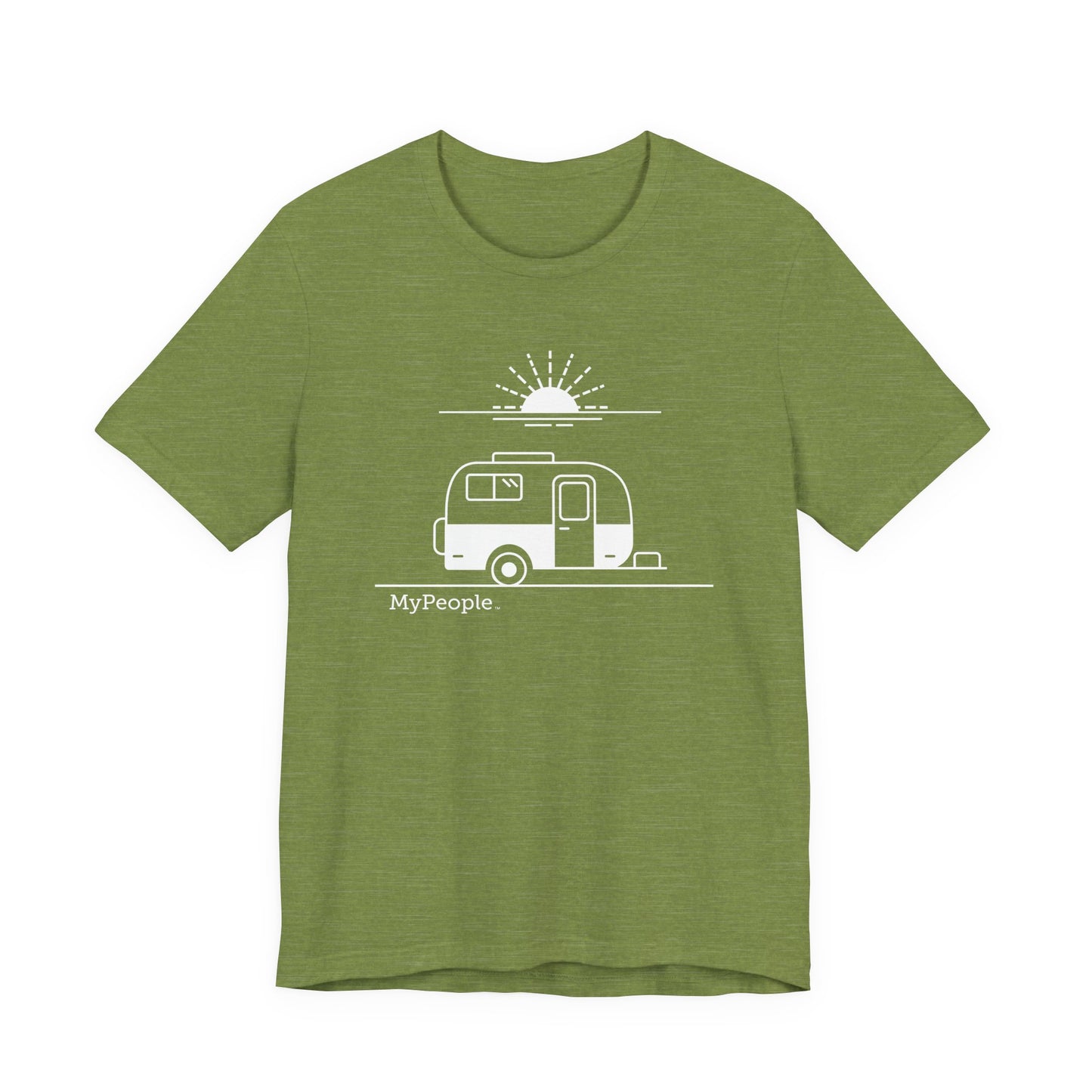 Line illustration of a vintage fiberglass trailer with a setting sun, with the word MyPeople underneath on a unisex garment.