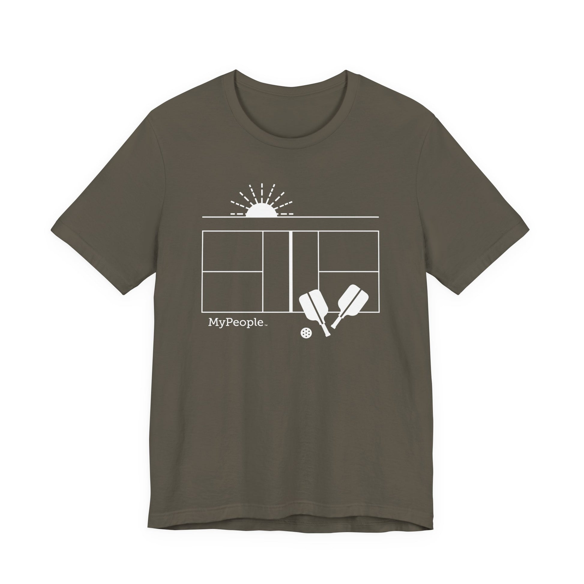Line illustration of a pickleball court with paddles, a ball, and a setting sun, with the word MyPeople underneath on a unisex garment.