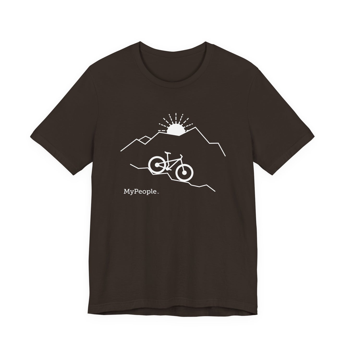 Line illustration of a mountain bike on a downhill slope with mountains and a setting sun, with the word MyPeople underneath on a unisex garment.