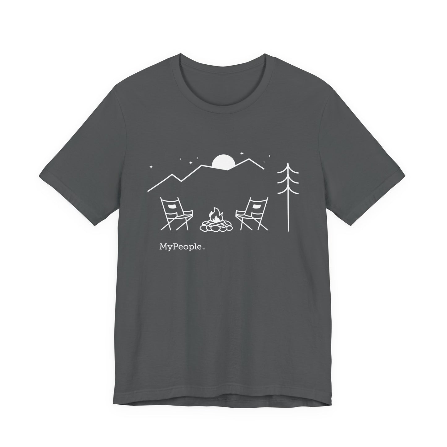 Line illustration of two chairs by a campfire under a tree with mountains and a night sky, with the word MyPeople underneath on a unisex garment.