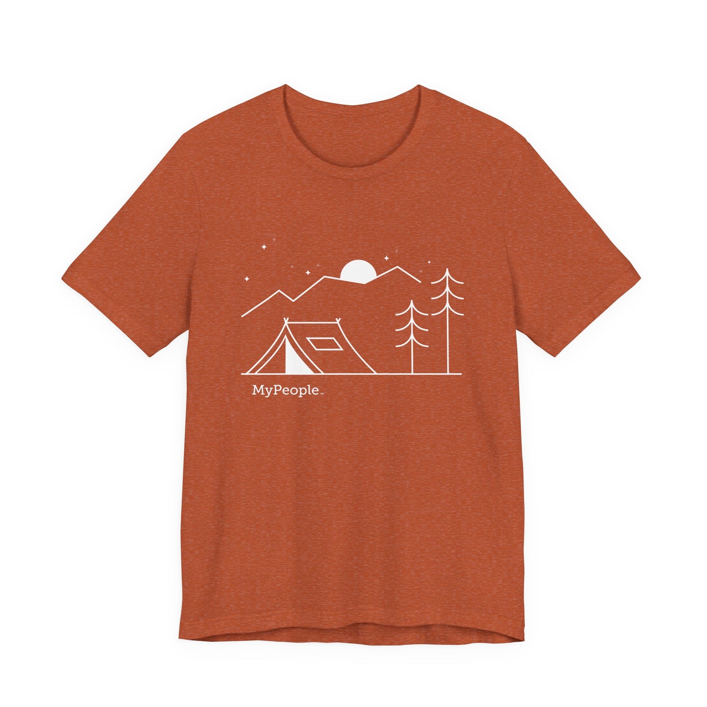 Line illustration of a tent beneath a tree with mountains, stars, and a moon, with the word MyPeople underneath on a unisex garment.