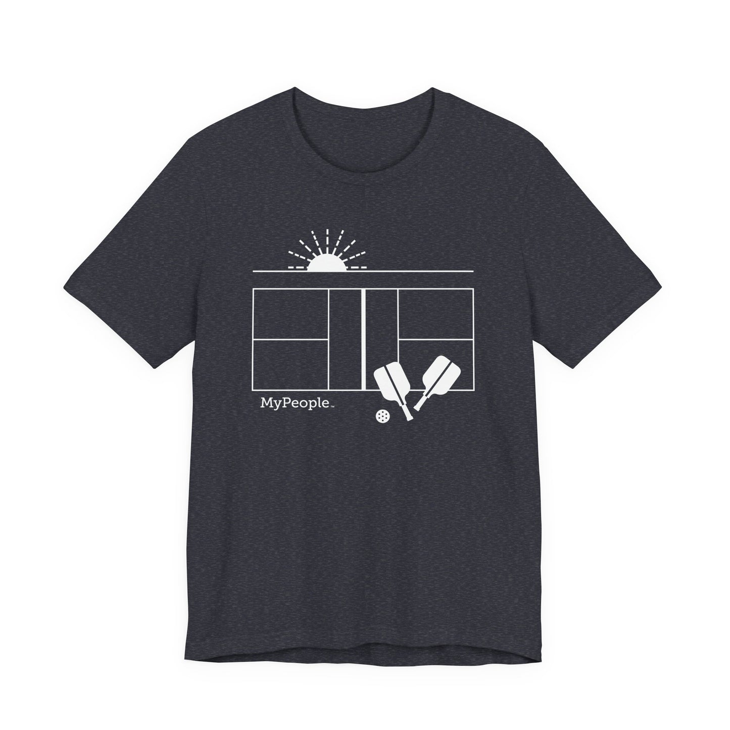 Line illustration of a pickleball court with paddles, a ball, and a setting sun, with the word MyPeople underneath on a unisex garment.
