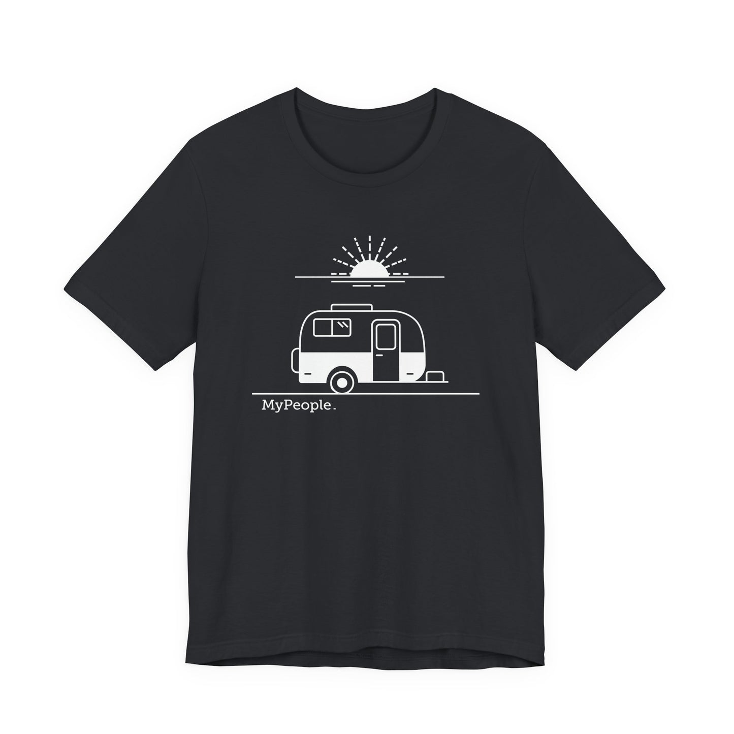 line illustration of a classic vintage fiberglass trailer with a setting sun behind it, with the word MyPeople underneath on a unisex t-shirt.