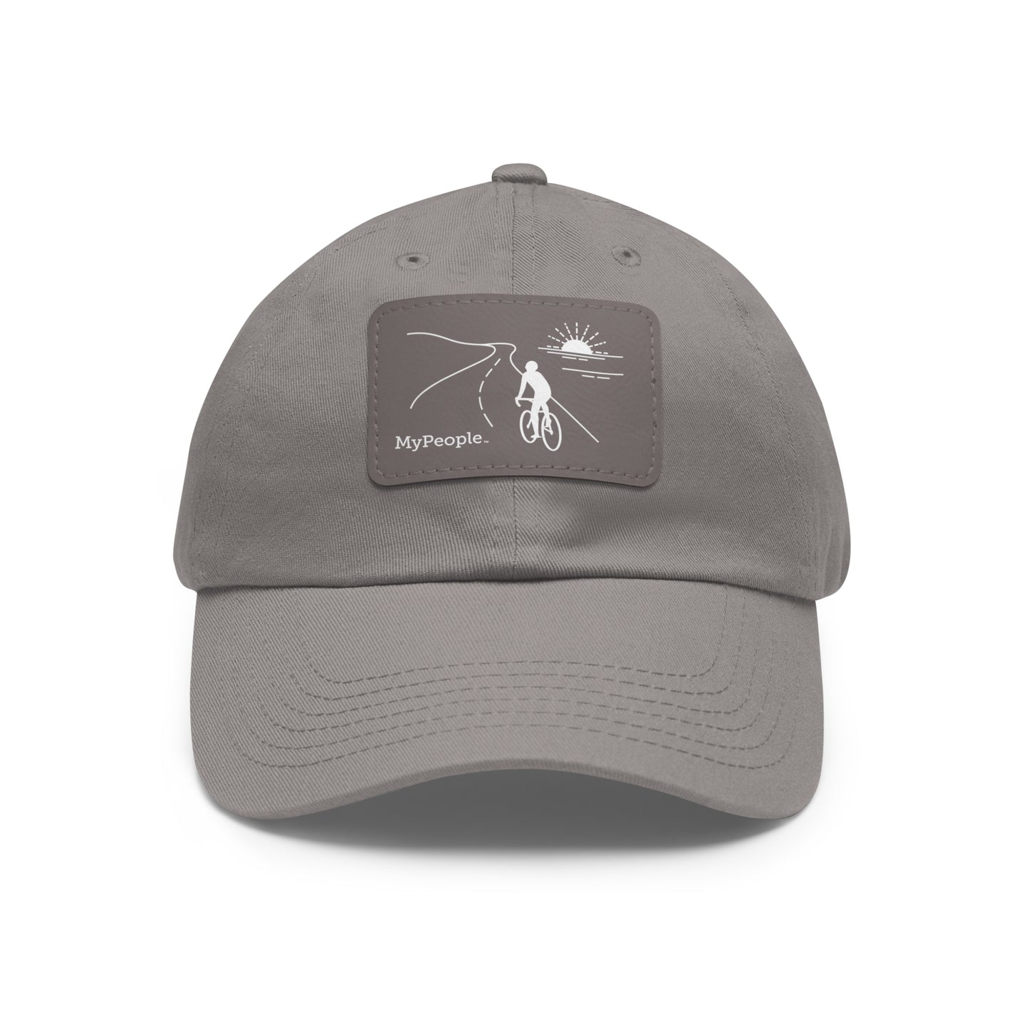 Hat with a leather patch printed with the MyPeople Cycling line illustration.
