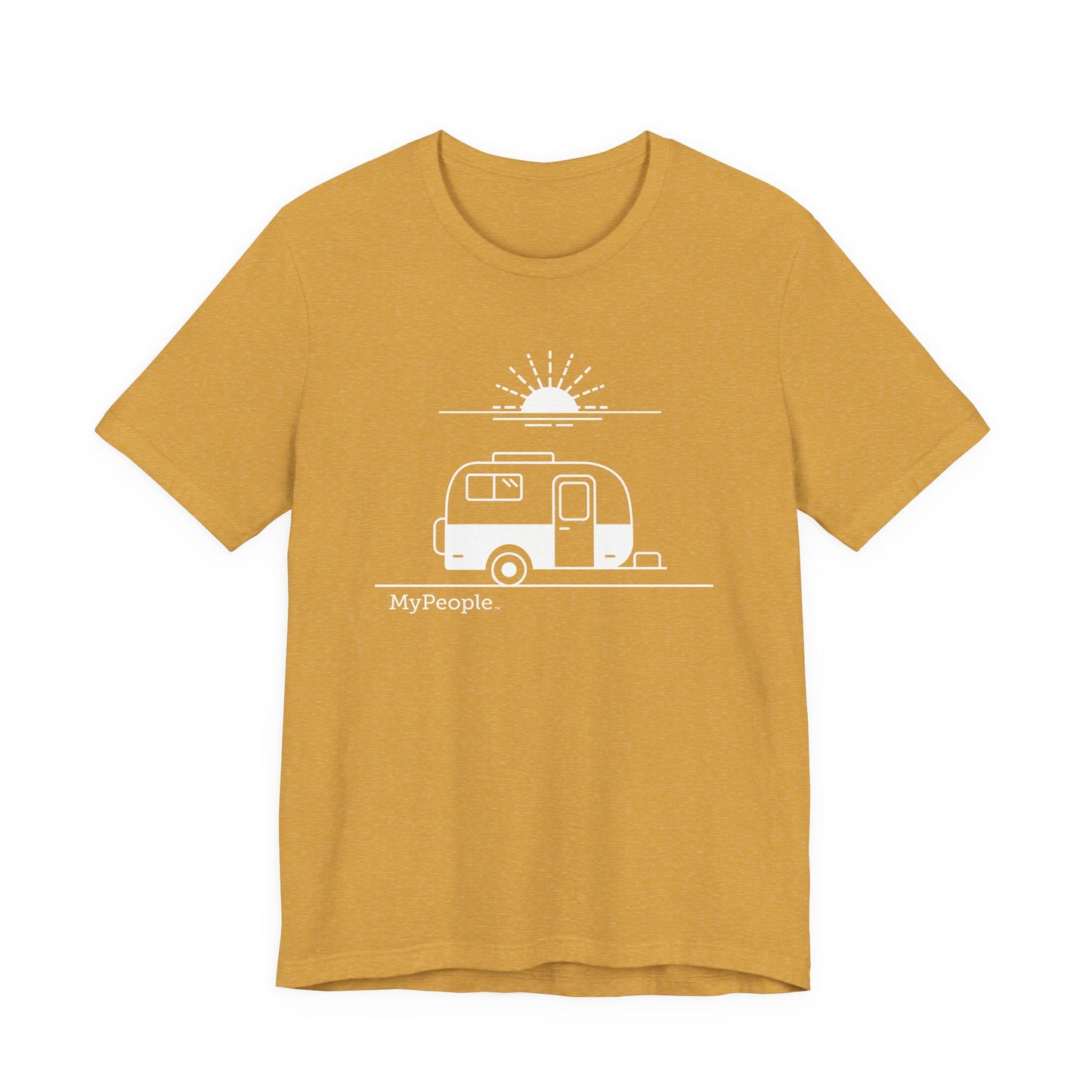 Line illustration of a vintage fiberglass trailer with a setting sun, with the word MyPeople underneath on a unisex garment.